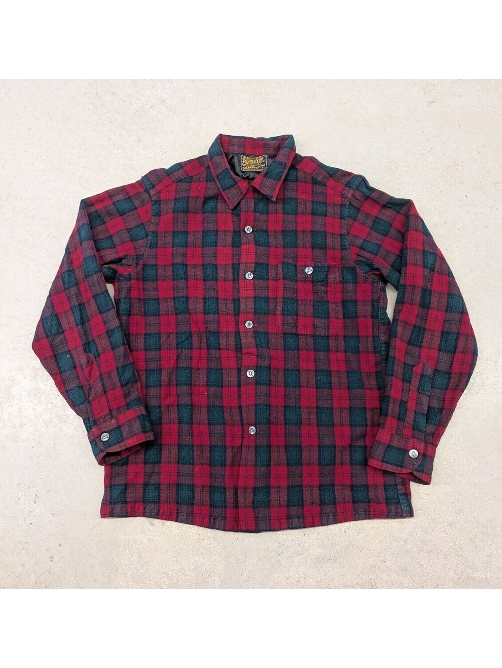 Vintage 50s 60s Pendleton Red Plaid Loop Collar Wool Shirt
